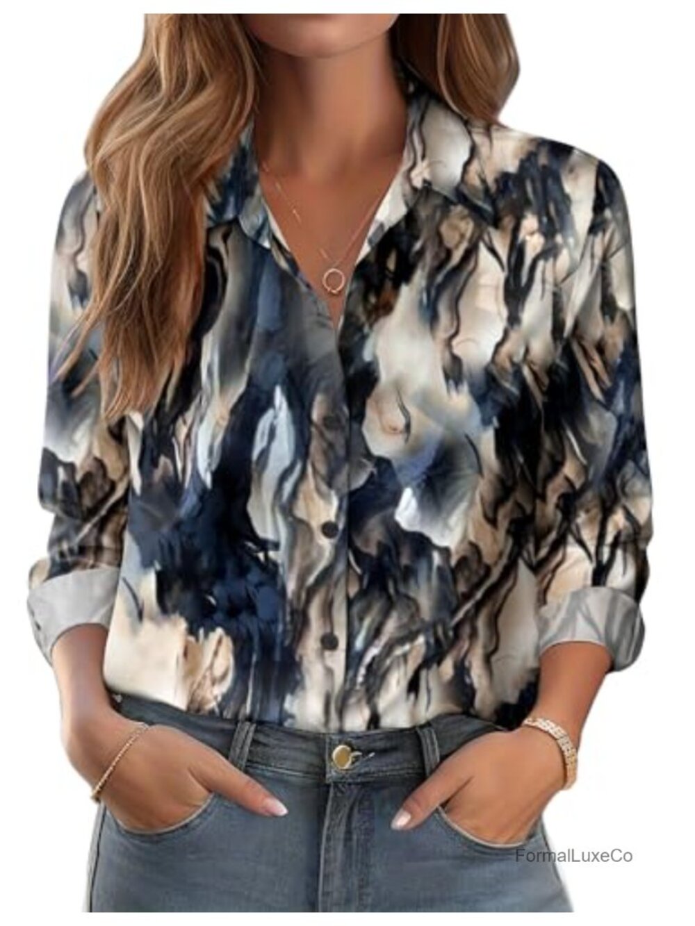 Zeagoo Women's Floral Button Down Shirt Long Sleeve V-Neck Collared Blouse
